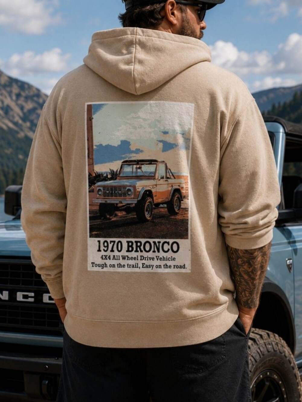 Ford Bronco 1970 Hoodie XXL Sandstone Buckhorn River Pullover Graphic Sweatshirt